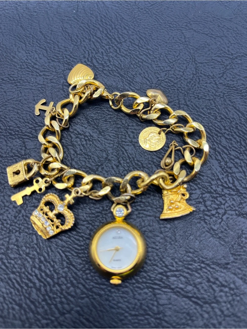 Gold Charm Bracelet Watch with Decorative Charms Crown Hearts Key  Charms